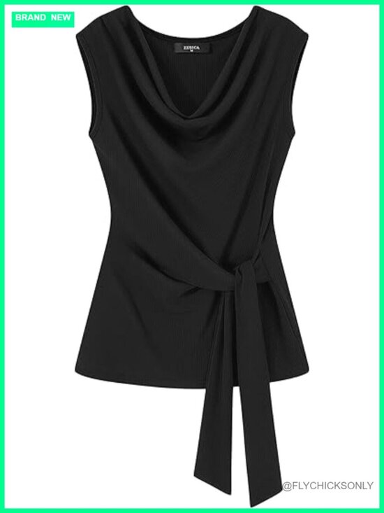 Tops - Cowl Neck Sleeveless Tank Top Ribbed Knit Blouse Business Casual Work Tops for